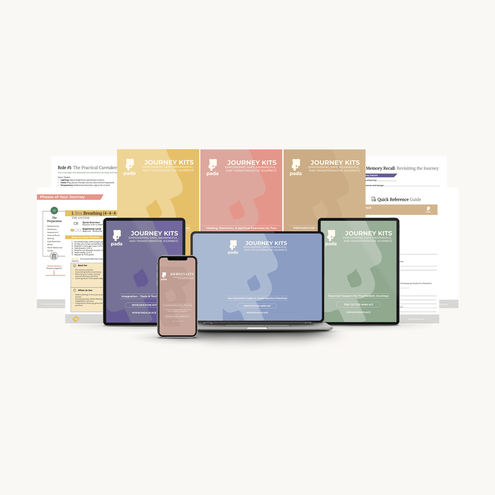 Complete digital journey kit guides displayed across multiple devices — Pada Complete Psychedelic Journey System