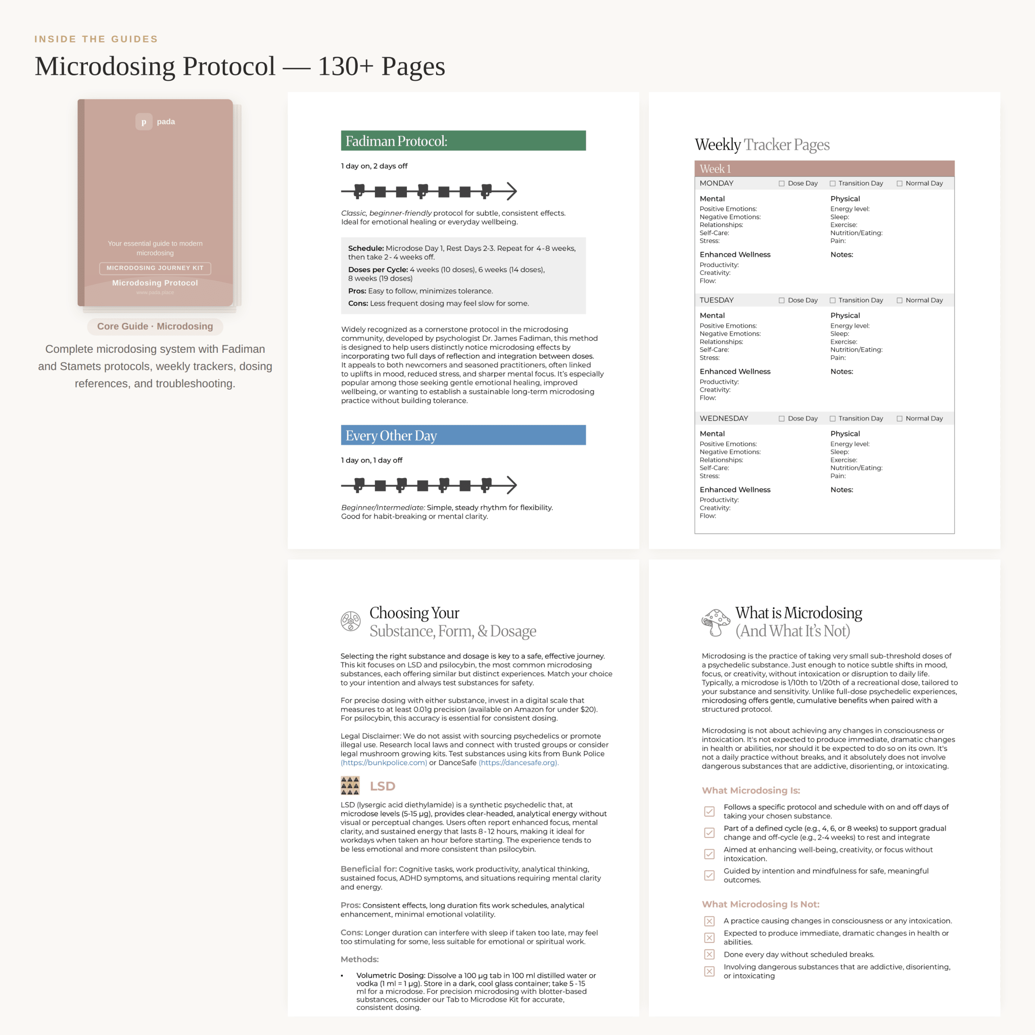 Microdosing Protocol sample pages with Fadiman protocol schedule and weekly tracker — Pada Complete Psychedelic Journey System