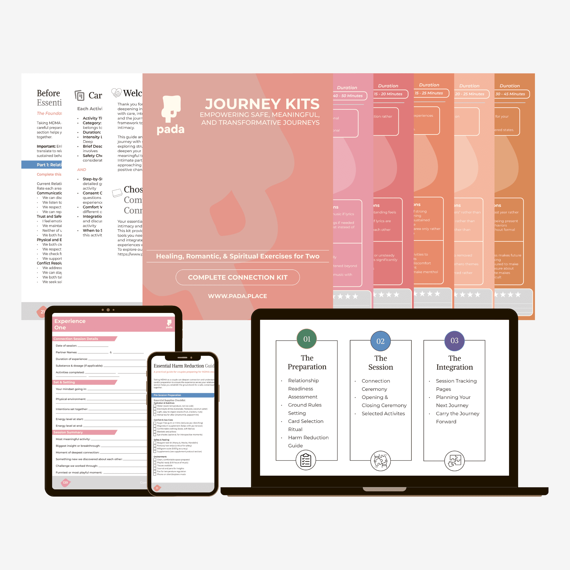 Complete Connection Kit guides displayed across devices with preparation, session, and integration phases — Pada Complete Connection Kit