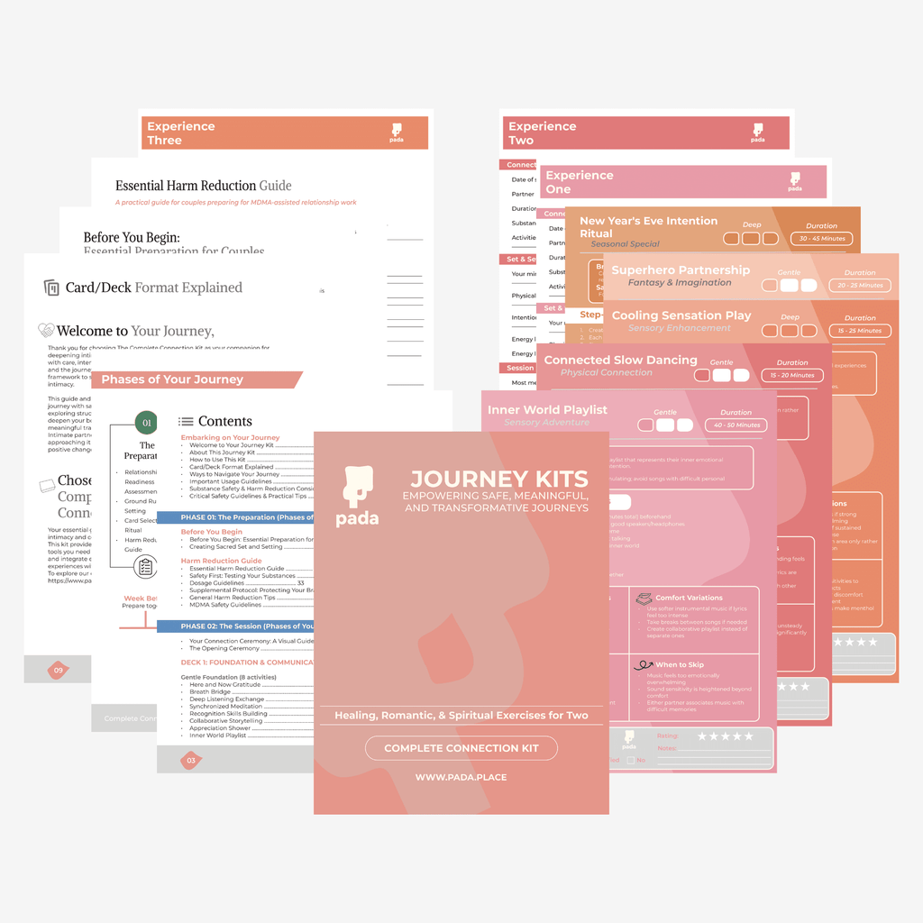 Sample pages spread showing experience cards, harm reduction guide, and couples connection activities — Pada Complete Connection Kit