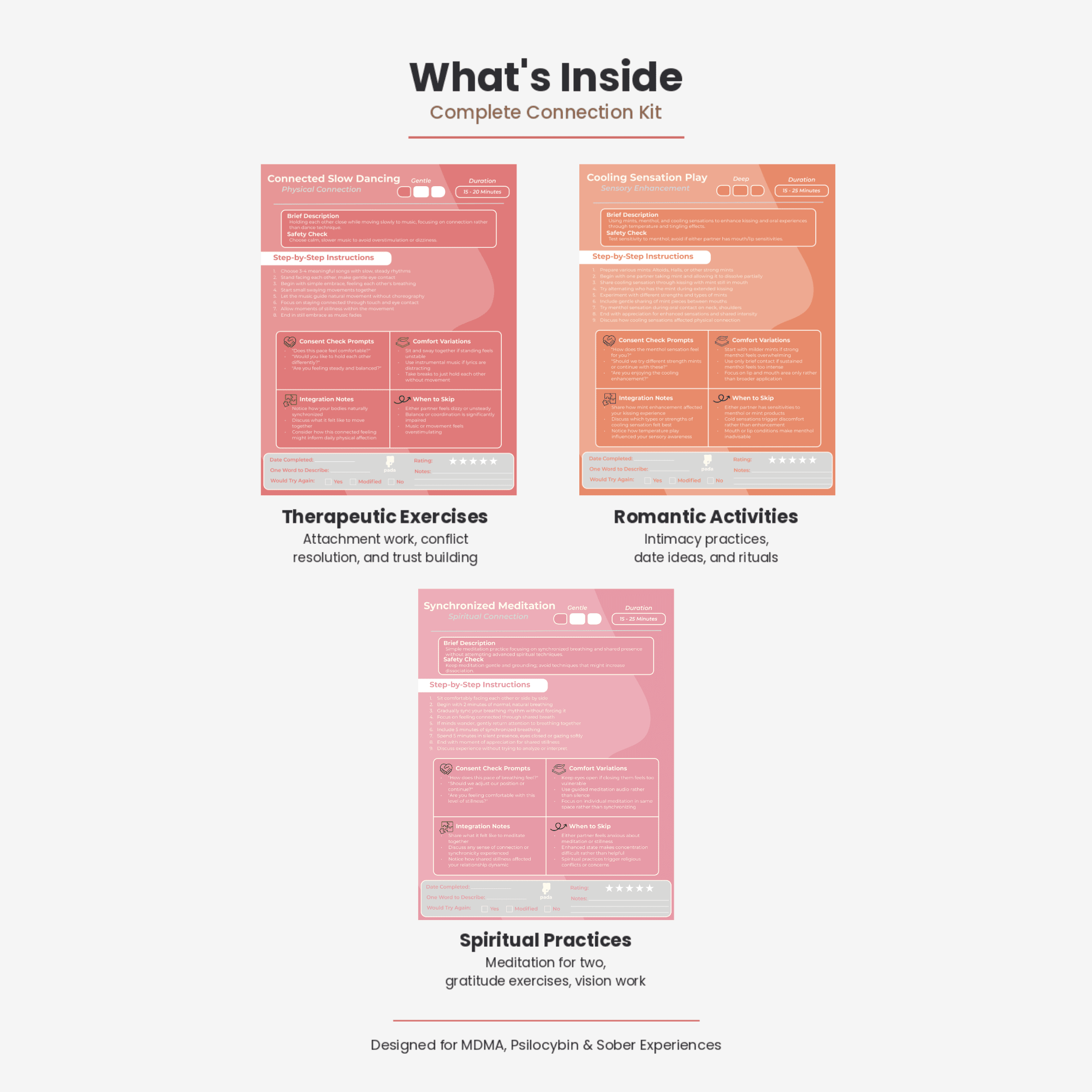 What's Inside overview showing therapeutic exercises, romantic activities, and spiritual practices categories — Pada Complete Connection Kit