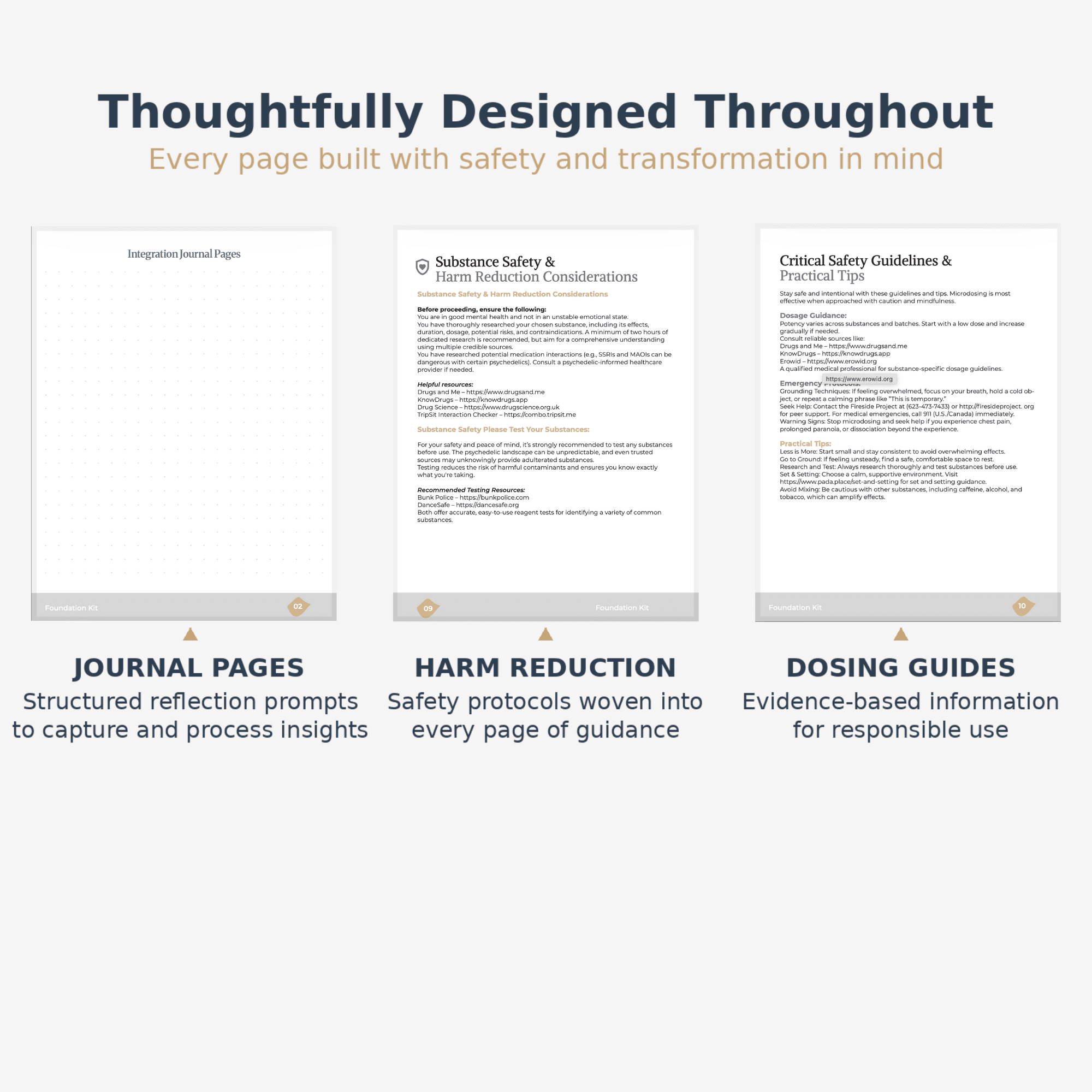 Interior pages showing journal prompts, harm reduction safety protocols, and evidence-based dosing guides — Pada Psychedelic Foundation Kit (Digital Edition)