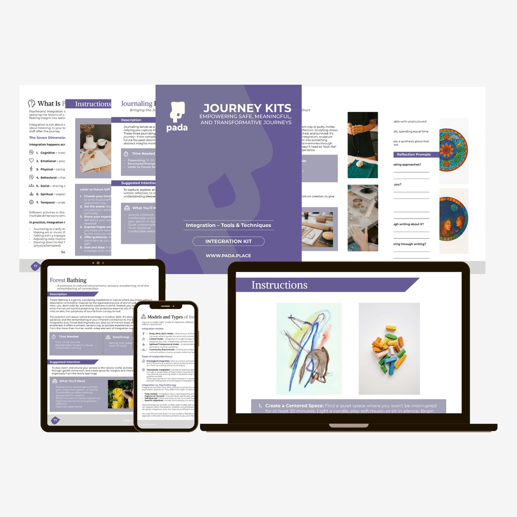 Integration Blueprint guide pages displayed across devices with journaling and creative practices — Pada Integration Blueprint