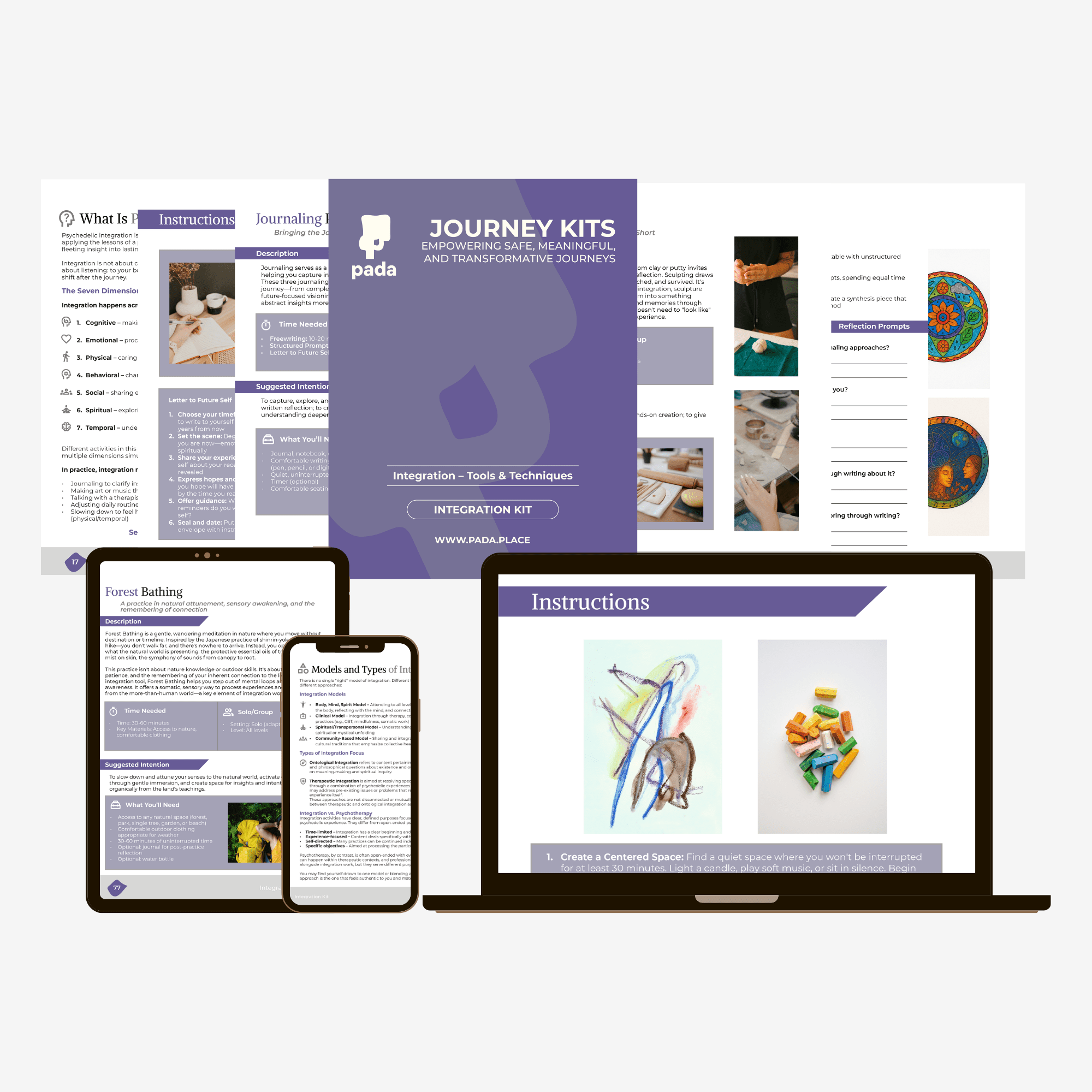 Integration Blueprint guide pages displayed across devices with journaling and creative practices — Pada Integration Blueprint