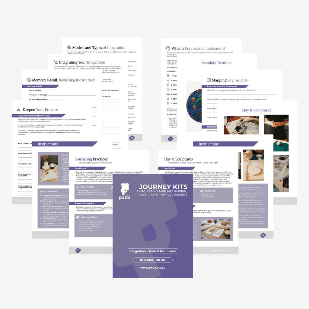 Spread of Integration Blueprint pages showing journaling practices, mandala creation, and clay exercises — Pada Integration Blueprint