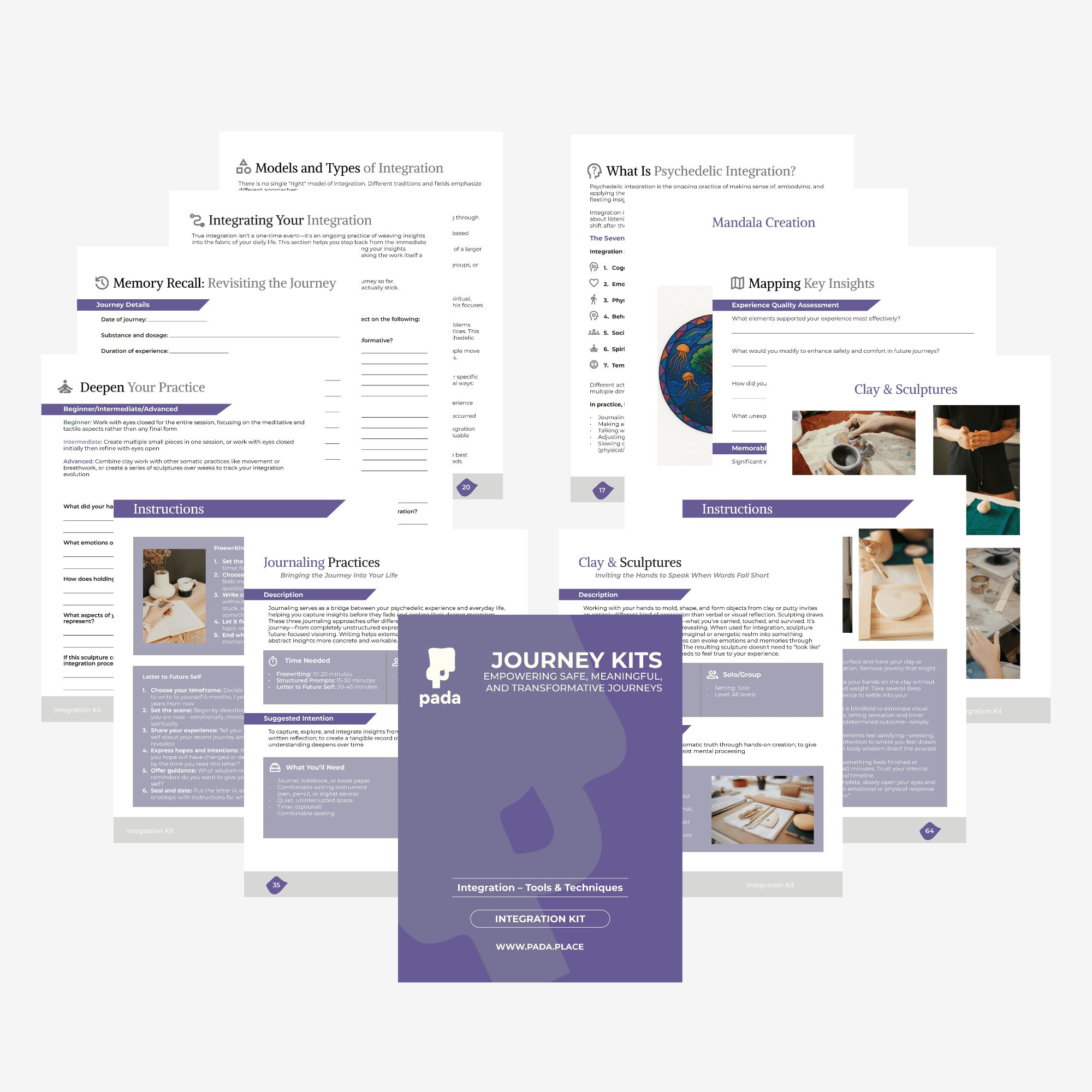 Spread of Integration Blueprint pages showing journaling practices, mandala creation, and clay exercises — Pada Integration Blueprint
